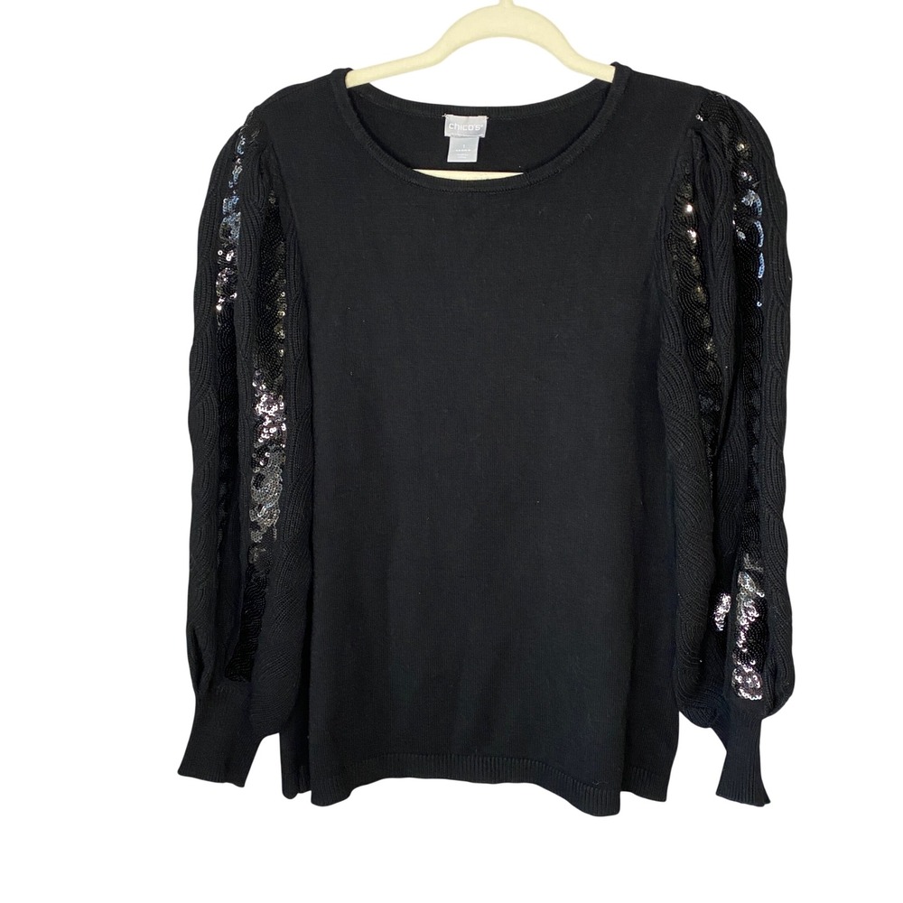 Chicos Black Sequin Cable Knit Sleeve Sweater Crew Neck‎ Size 1 Medium